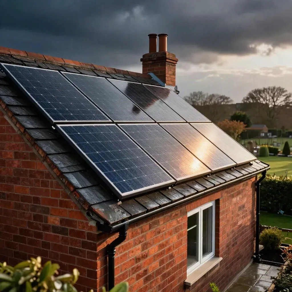 Solar panels gleam on a red-brick UK family roof after rain.