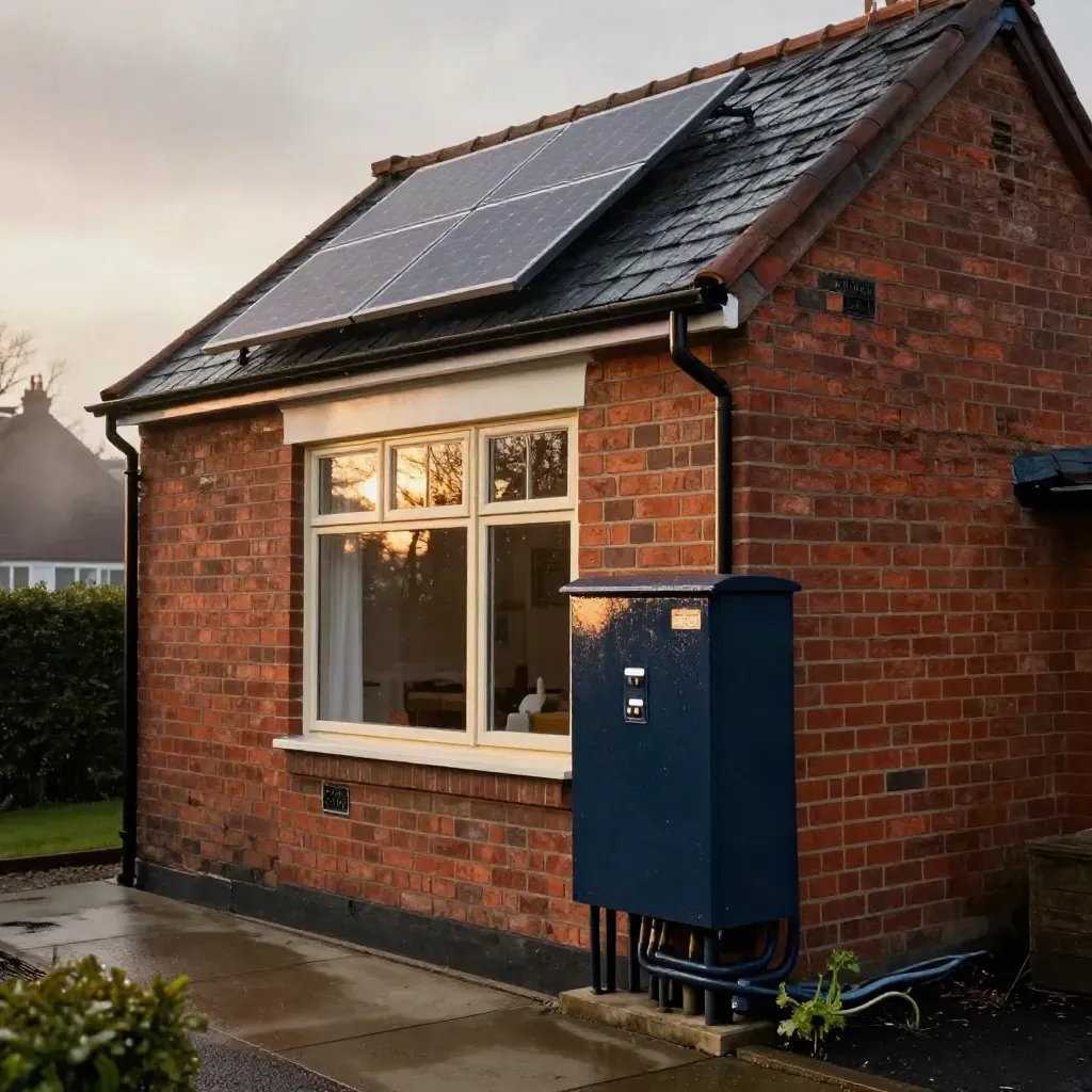 Solar-equipped family semi with battery cabinet visible through utility-room glass after rain.