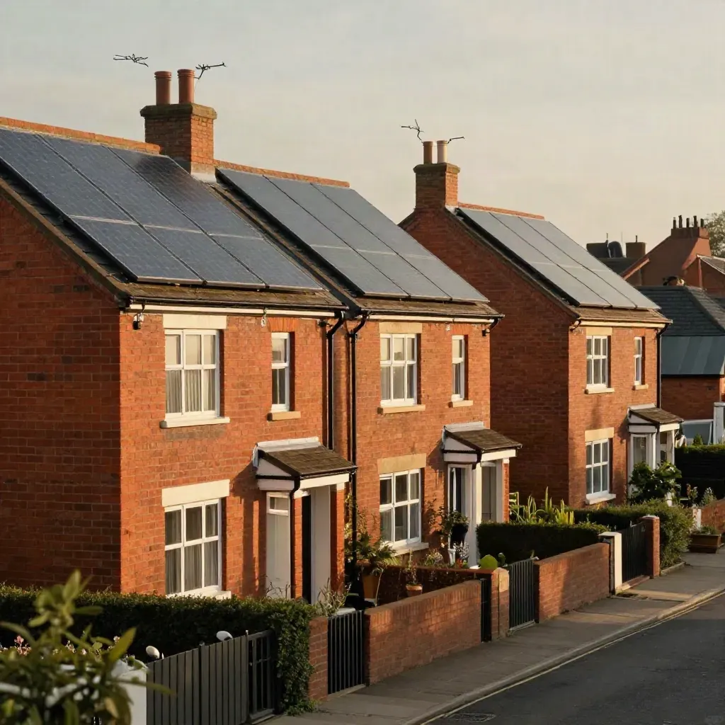 Three red-brick rental houses with rooftop solar arrays glowing in dusk haze.