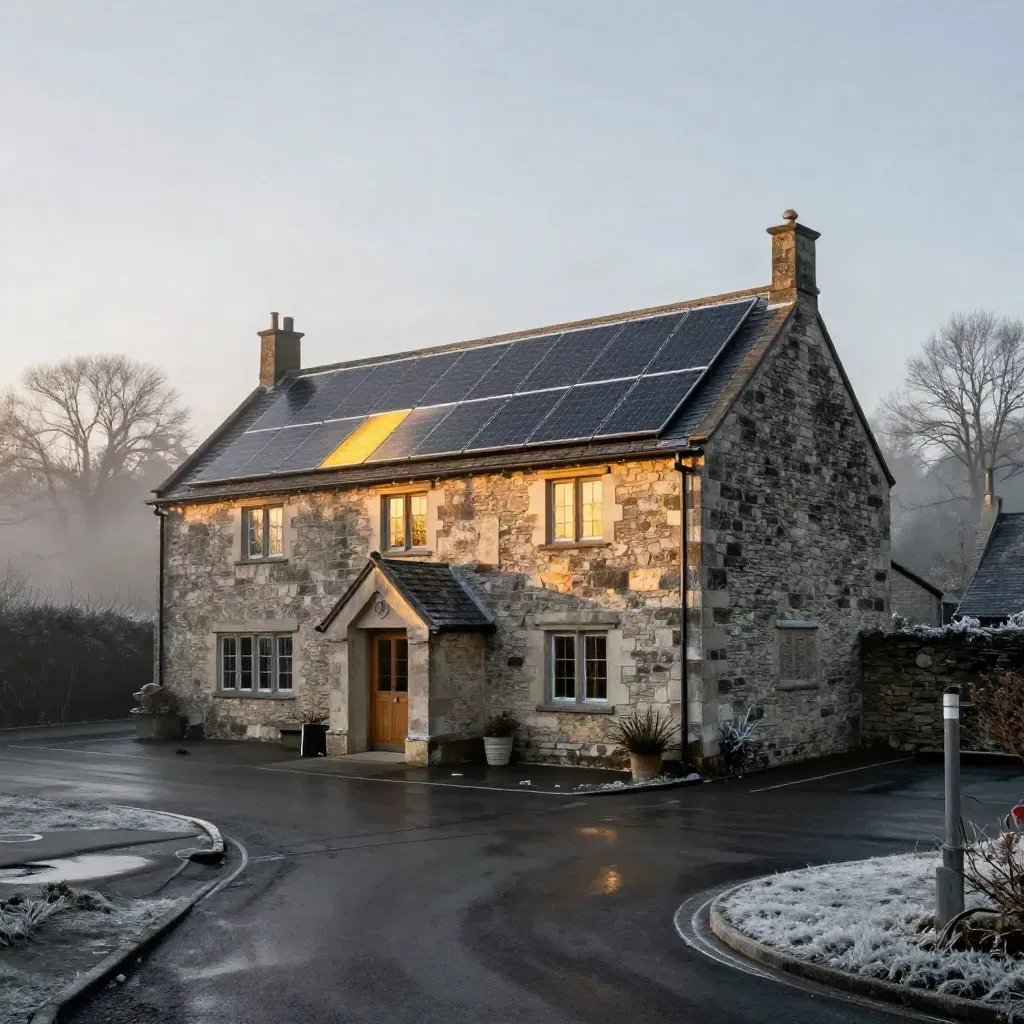 Stone village hall with solar roof, glowing windows and winter mist over a wet car park.