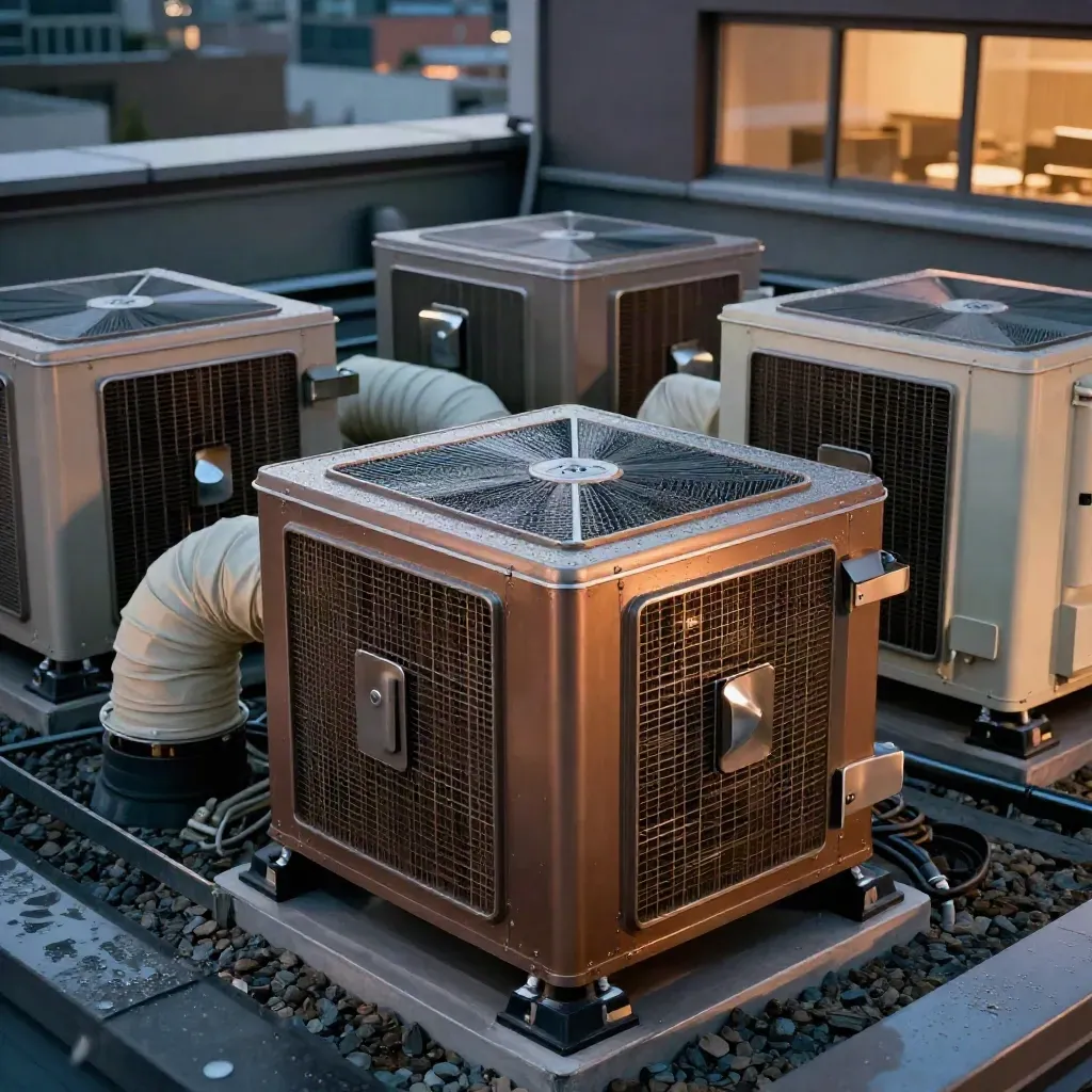Macro rooftop heat-pump plant with insulated ducts and condensation at blue hour
