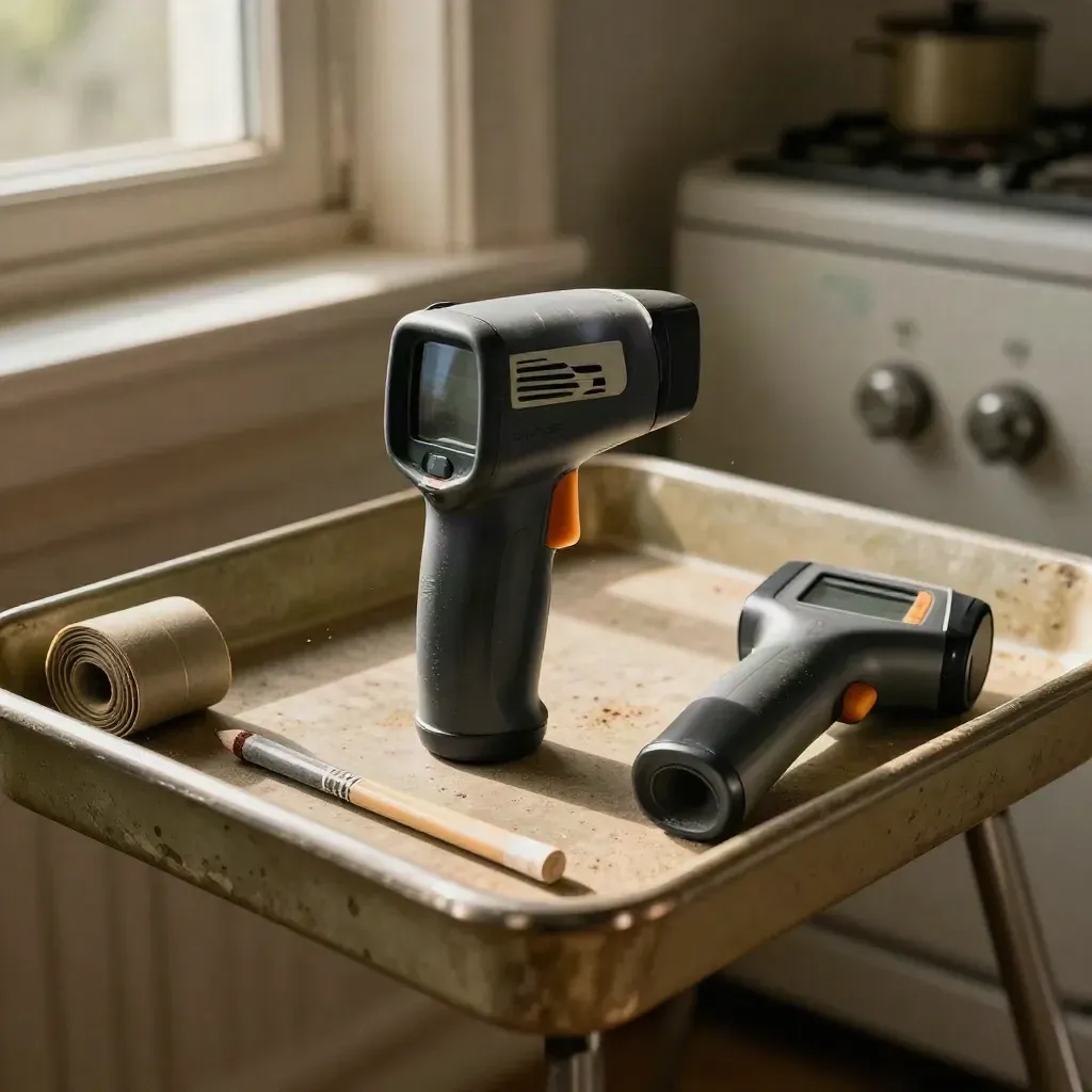 Thermal camera and audit tools on a worn utility shelf in warm light.