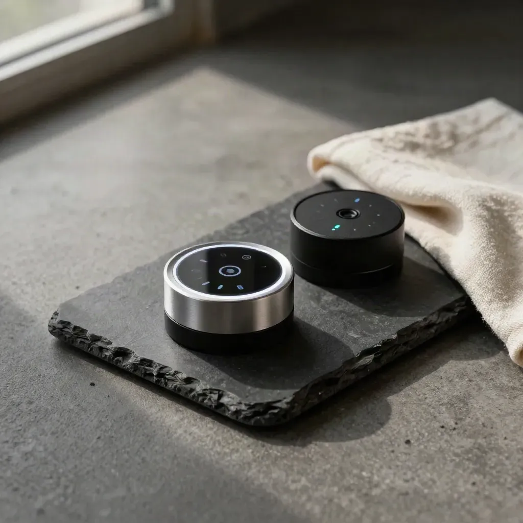 Battery monitor puck, smart relay ring and EV charger module on a stone tray in soft neutral light.