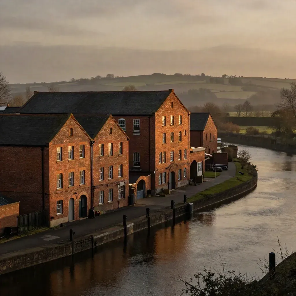 West Midlands brick mills by a misty canal at dusk with calm open fields below.