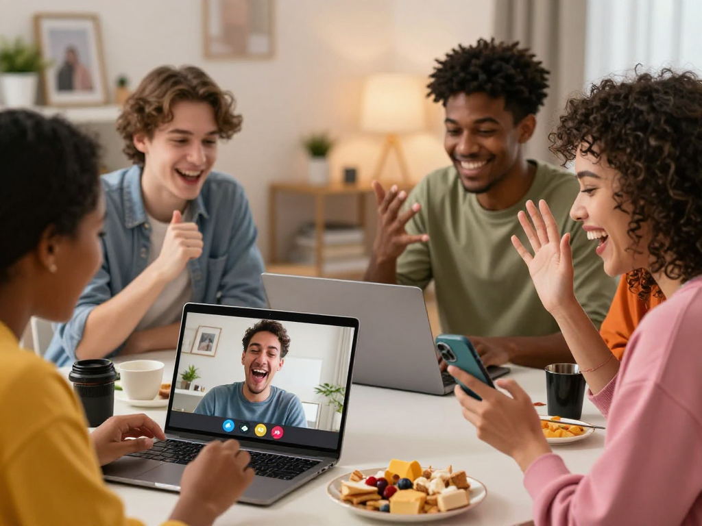 Friends sharing a spicy chat during a virtual hangout, showcasing vibrant personalities and casual home settings.